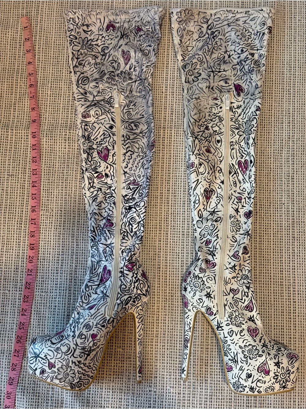 Over-the-Knee Platform Stiletto Boots in White with Pink Accents